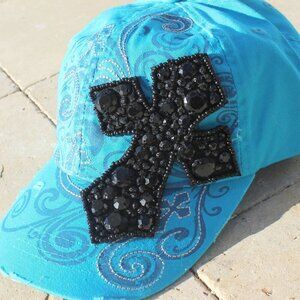 Distressed Ball Cap in Aqua Blue w/Black Crystal Embellished Cross - New w/Tags
